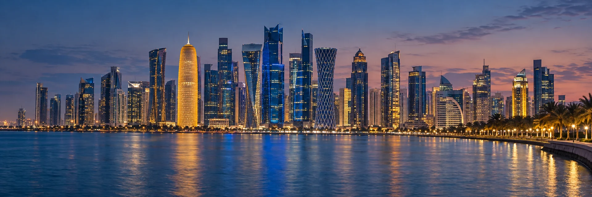 أفق الخليج الغربي في الدوحة عند الغروب وانعكاس أضوائه على الماء