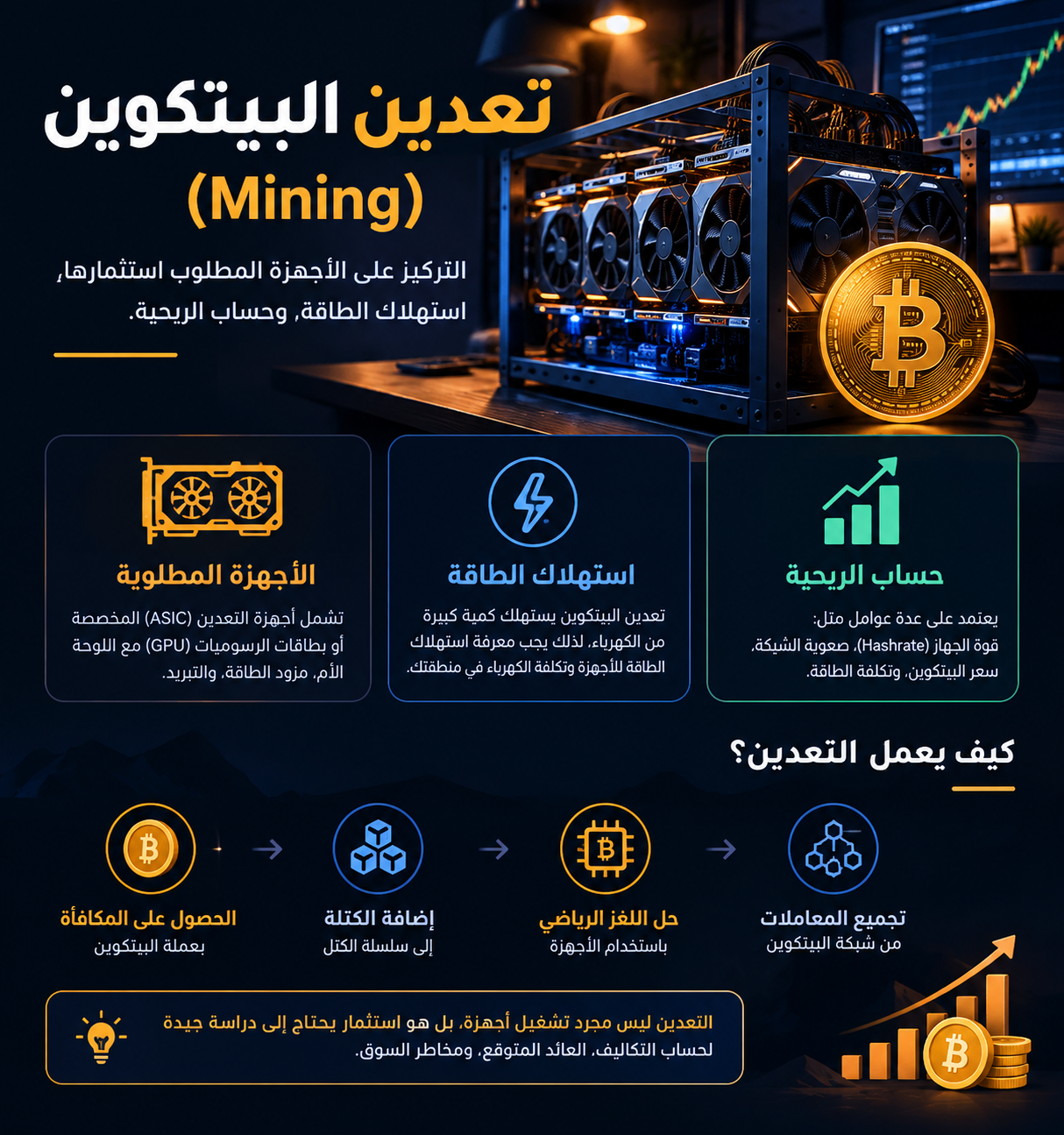 تعدين Bitcoin، أجهزة تعدين البيتكوين، ربحية تعدين البيتكوين، استهلاك كهرباء تعدين البيتكوين، أفضل جهاز تعدين، حساب أرباح التعدين، ASIC، Mining Pool