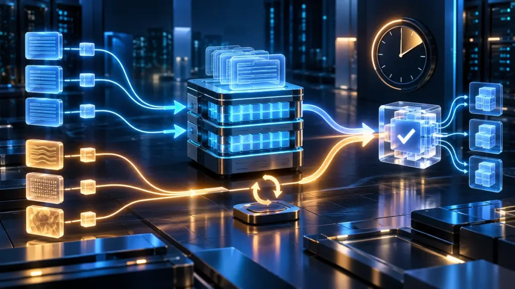 Repeated prompt blocks flowing through a cache while fresh inputs bypass it toward verified outcomes