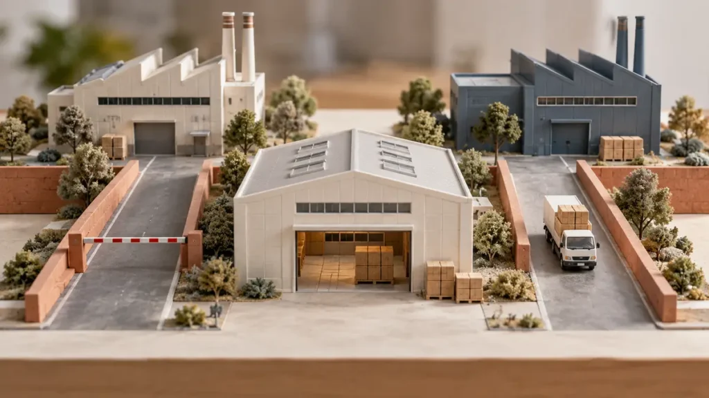 Miniature factories and warehouse with one supply lane blocked and a parcel truck on the open lane