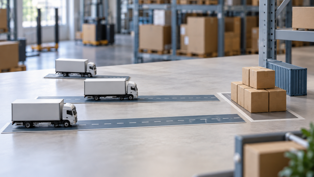 مسارات توريد متفاوتة الطول تنتهي بمخزون أمان | Supplier routes of varying length reaching a safety-stock buffer