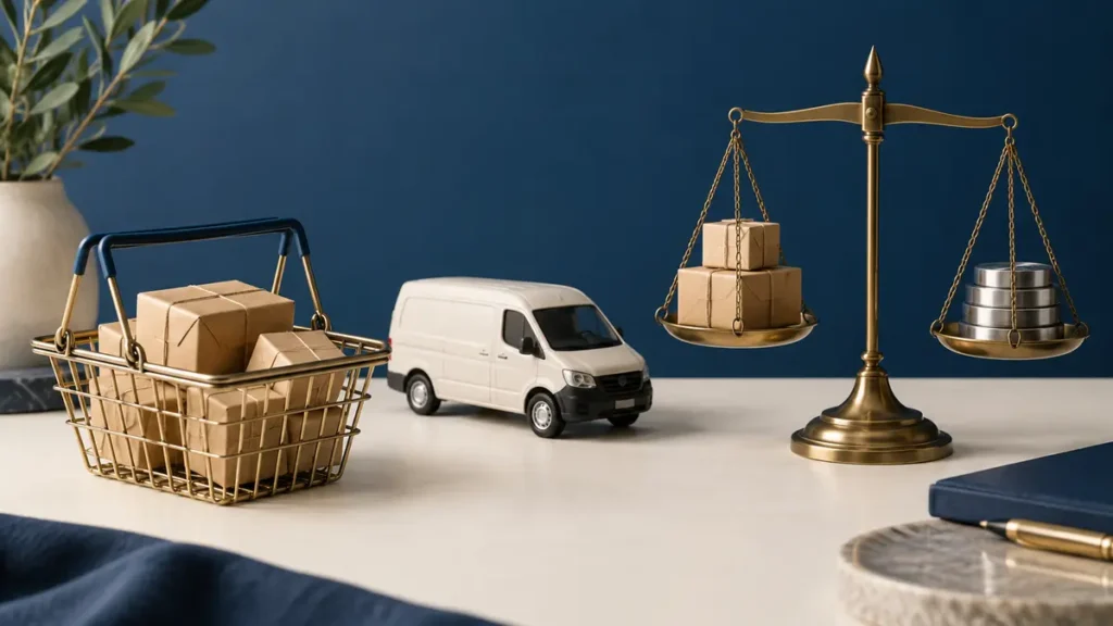 Parcel-filled basket beside a delivery van and a balance weighing parcels against metal discs