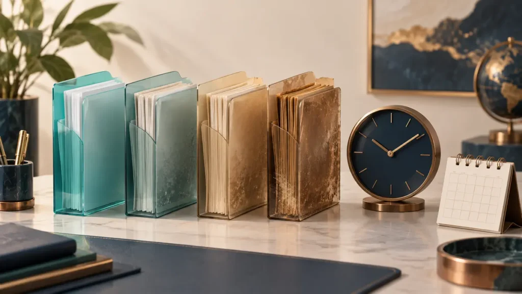 Sales opportunity folders ranging from fresh to aged beside a clock and an unnumbered calendar