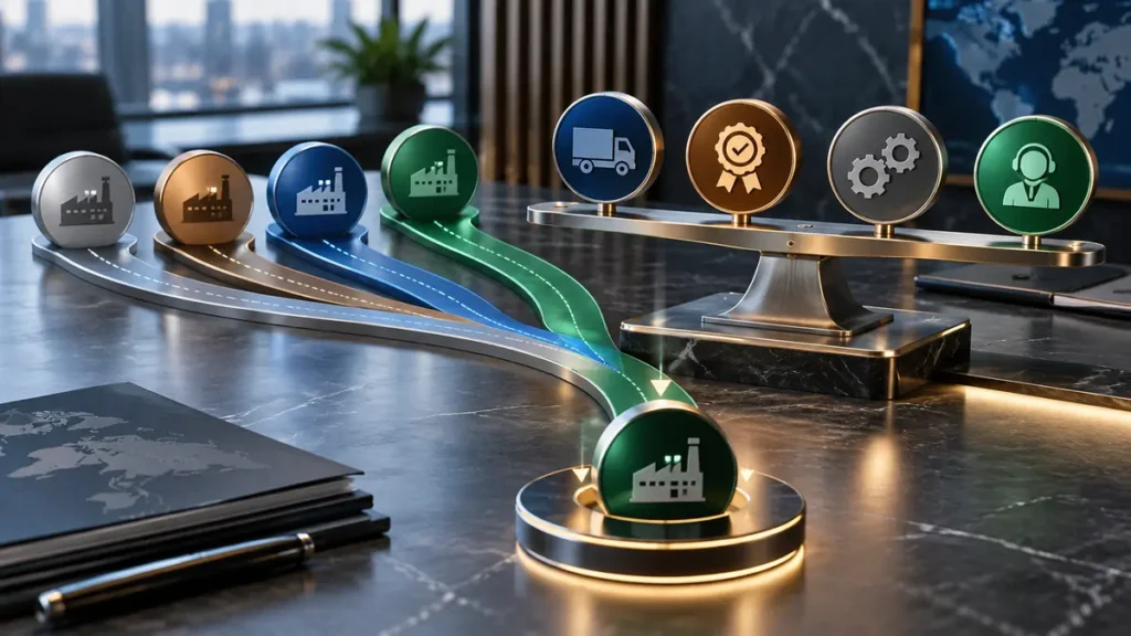 مسارات موردين متعددة تتجه إلى ميزان يوازن التسليم والجودة والخدمة قبل اختيار العرض