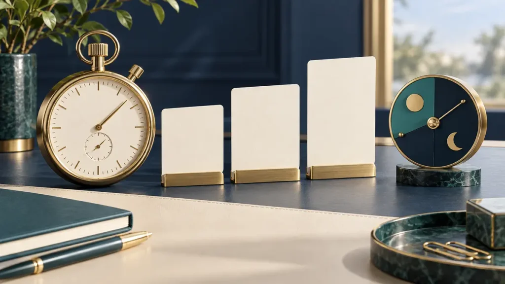 Brass stopwatch beside three tiered service cards and an abstract shift schedule with no text