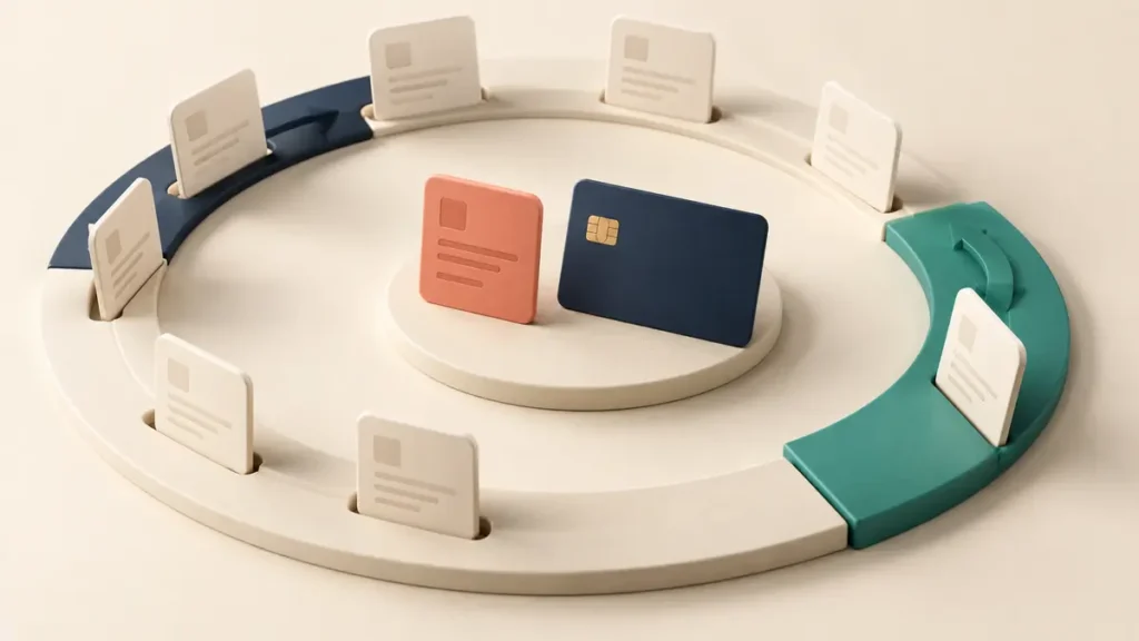 Invoice cards on a circular track beside a payment card and a paused invoice representing subscription renewal recovery