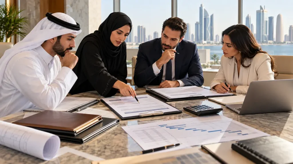 فريق أعمال يراجع نطاق العقد وتكلفة التغيير — Business team reviewing contract scope and change cost